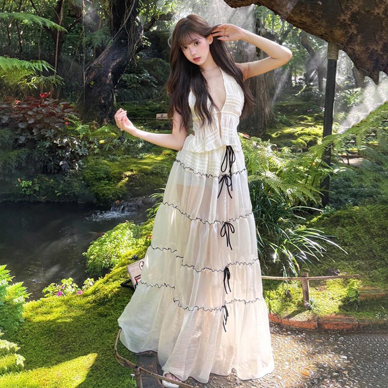 Tyrande Wearing Design Sense Holiday Atmosphere Sense Perspective Neck Backless Split Beach Long Dress Pure - Image 1